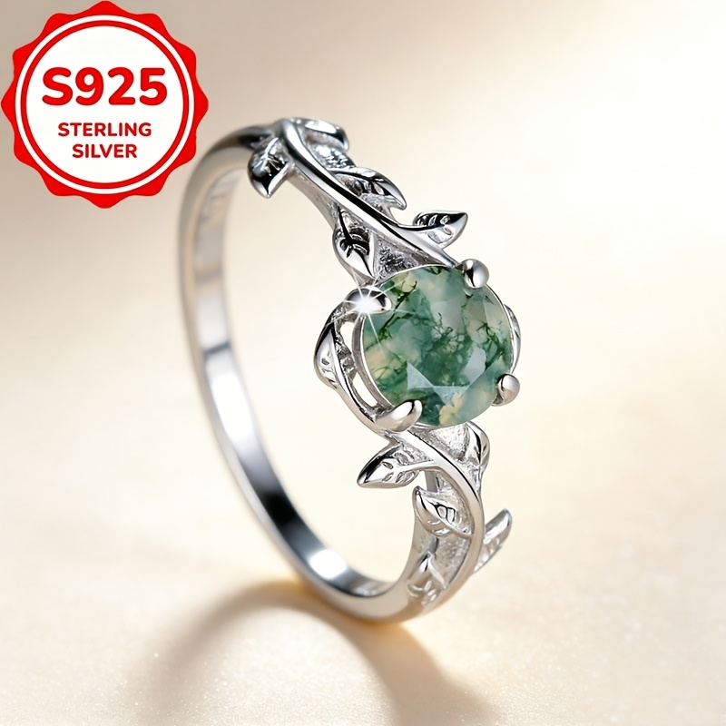 Women's S925 Silver Round Four-Claw Water Grass Agate Ring, Light Luxury